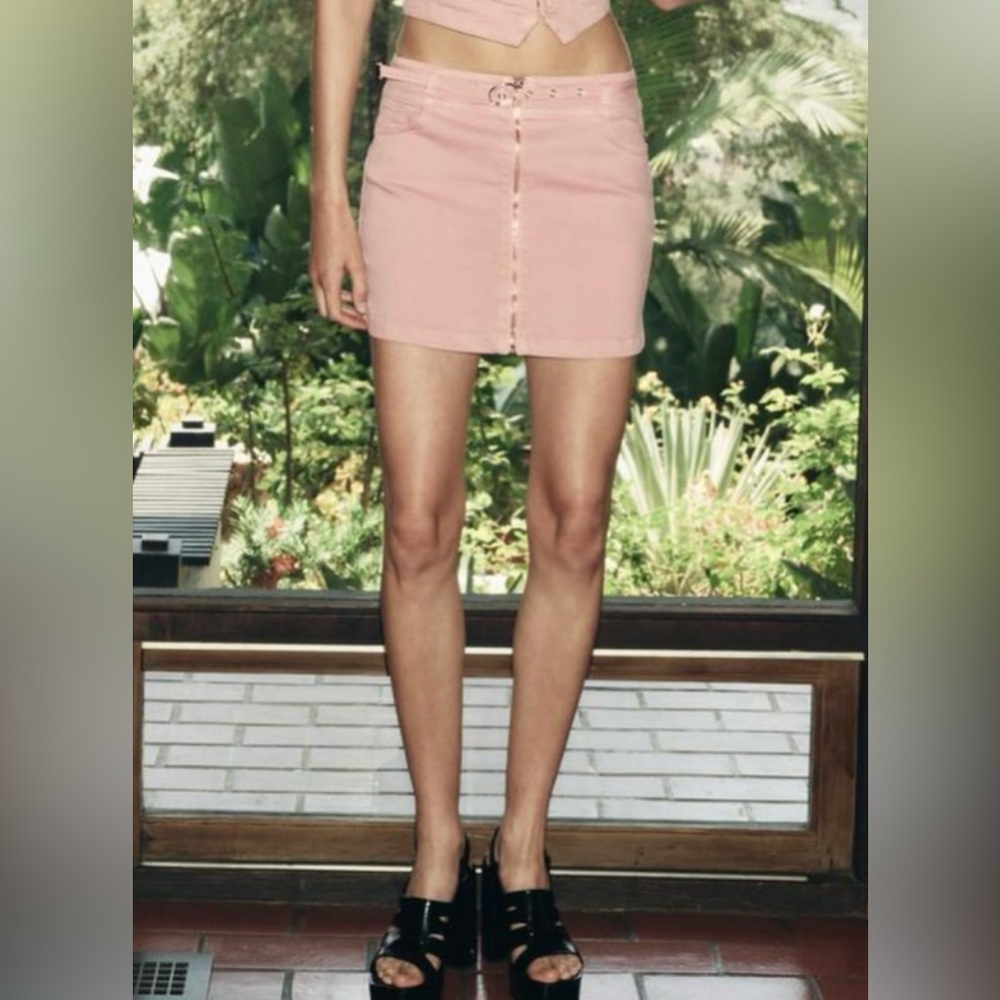 NWT Zara Pink Denim Belted Mini Skirt
